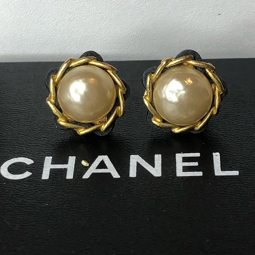 CHANEL Gold and Black Leather Wrapped Pearl Statement Earrings w/ Box